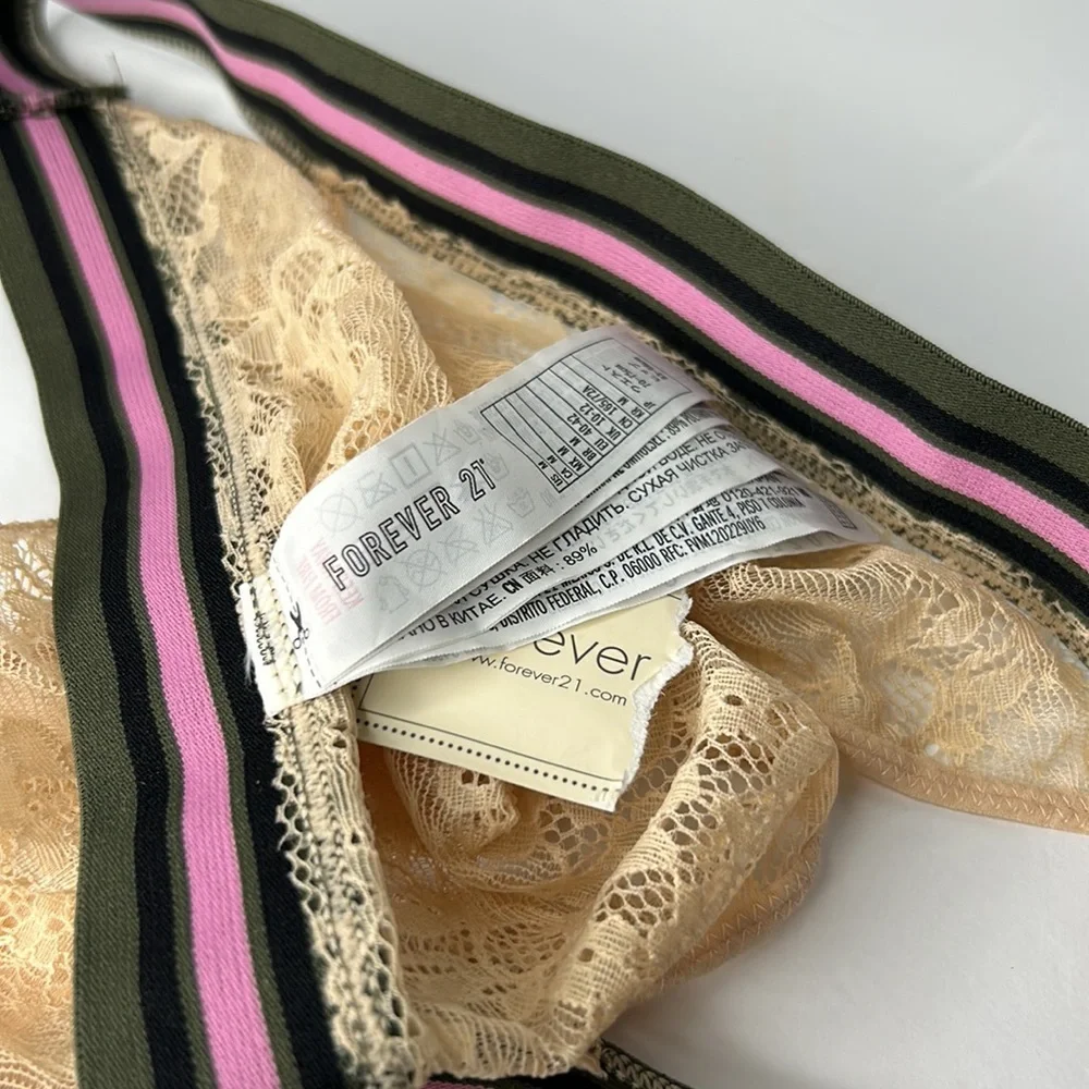 Forever 21 Beige Lace With Sporty Stripe Elastic Waistband‎ Panties Sz L NWT